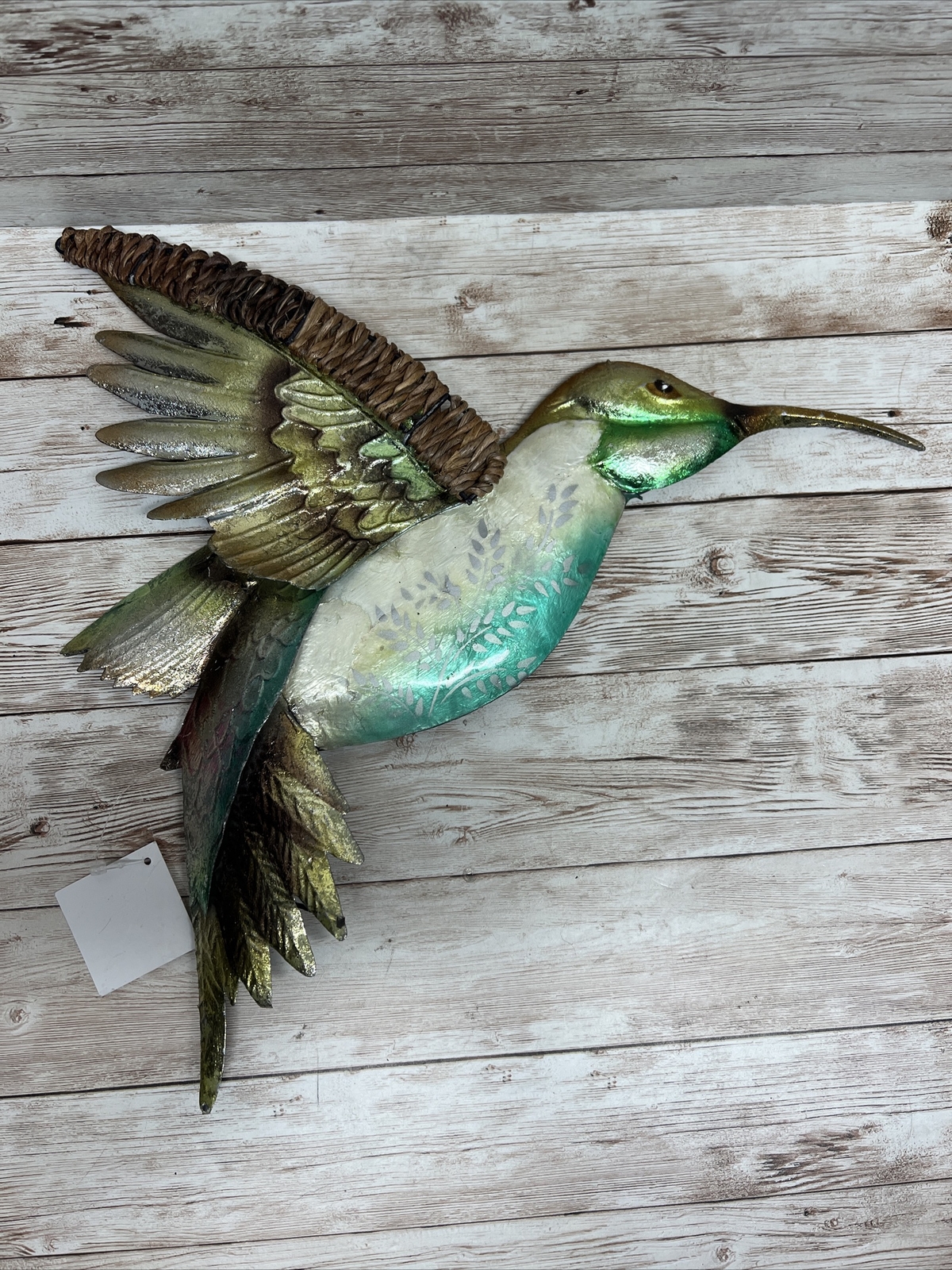 Beautiful Metal Foil Shiney Green Gold Weave Wing Hummingbird Wall Decor 13×10