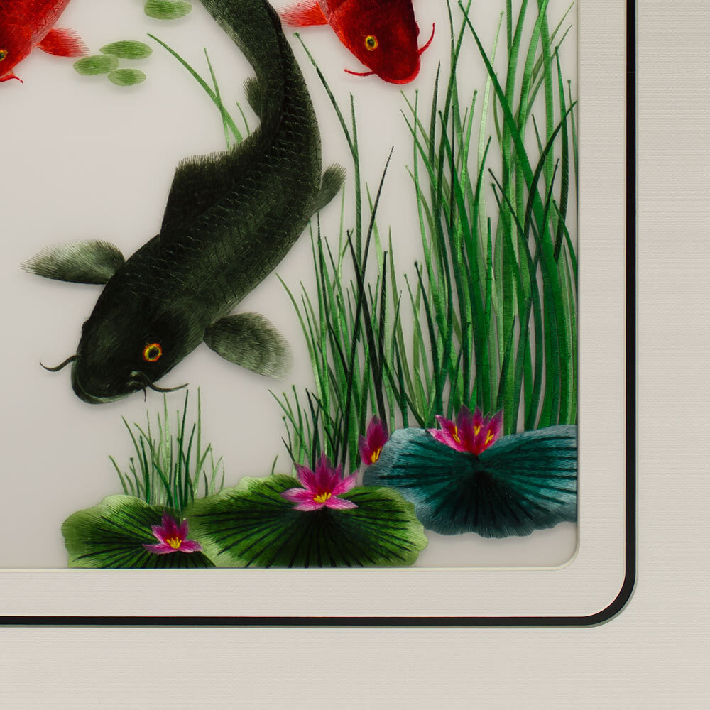 US Seller – Vertical Chinese Silk Embroidery of Nine Koi Fish and Lotus Flowers