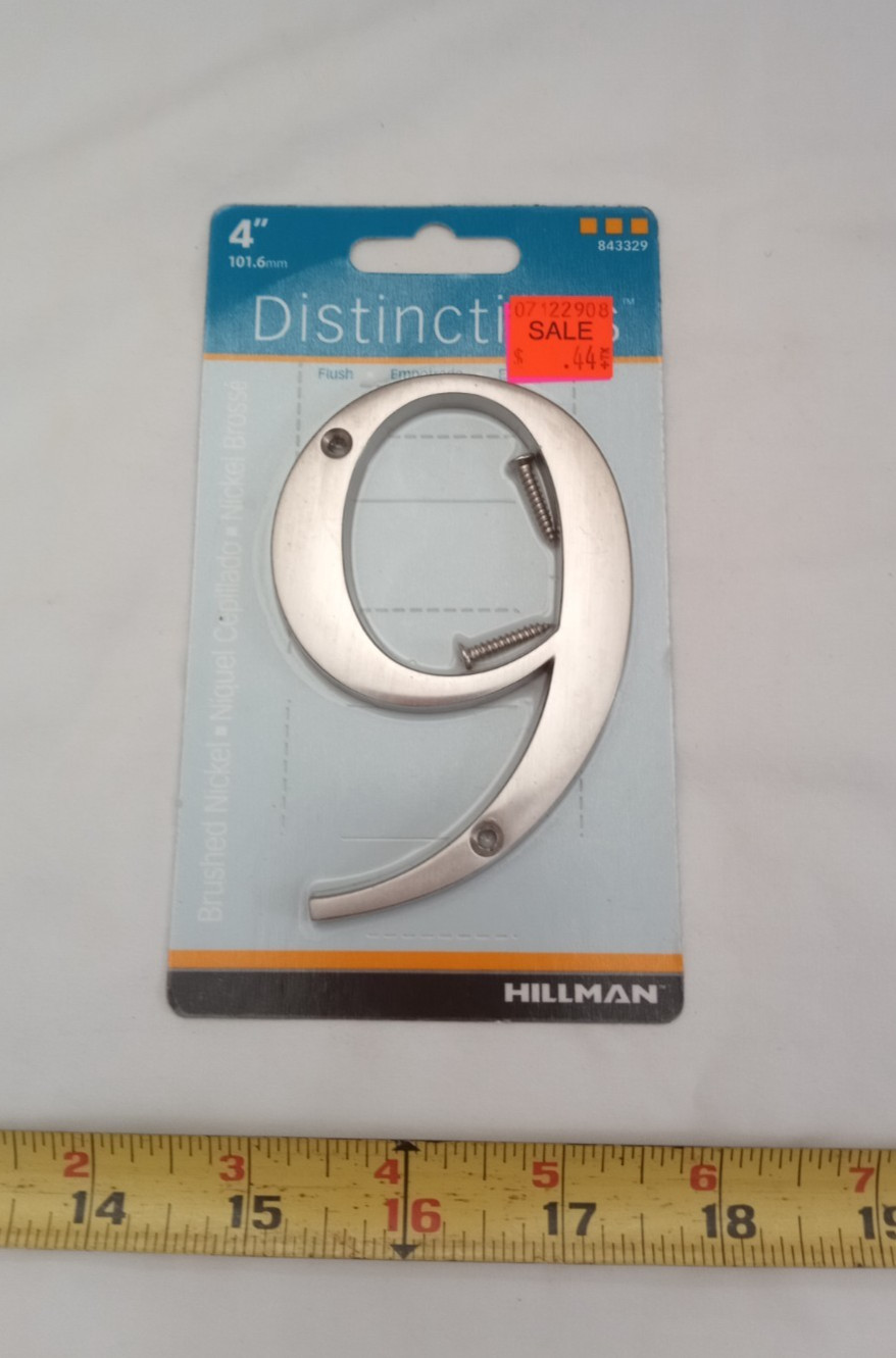 Distinctions by 843329 4-Inch Brushed Nickel Flush-Mount House Number 9, NIB.