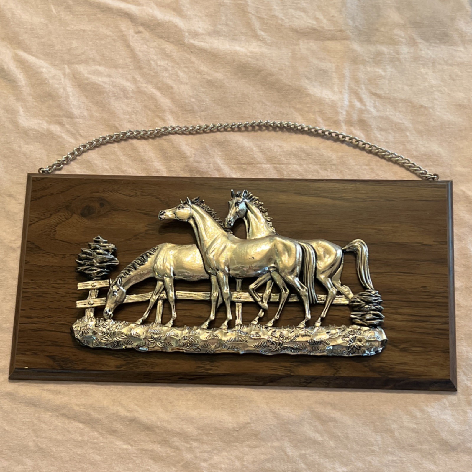 Brafton’s Woodcraft Wooden Horse Nature Wall Plaque Metal Relief Brown Silver