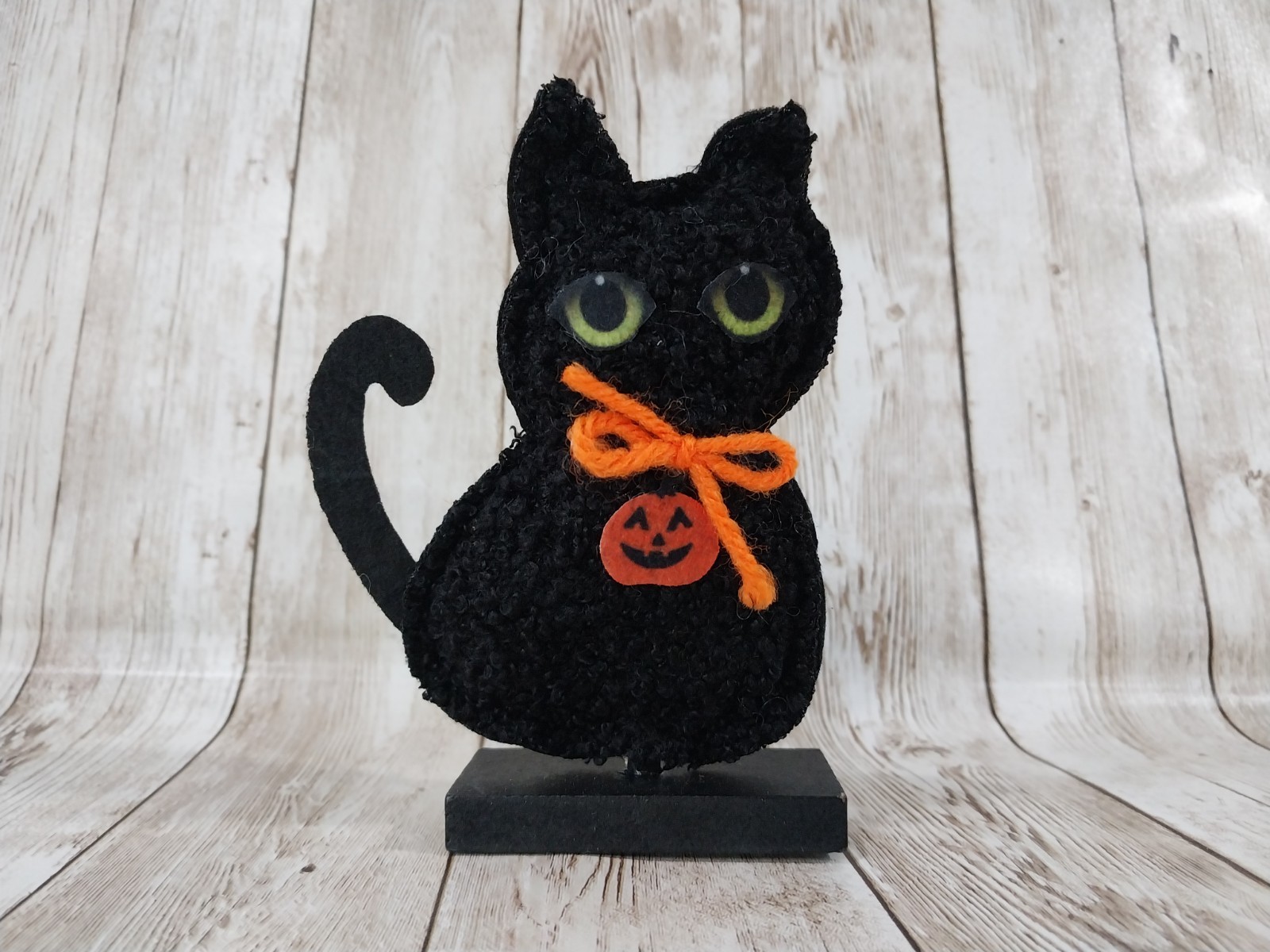 ~New! Plush Black Cat Halloween Wood Base Sign Fall Tray Table Decor Green Eyes