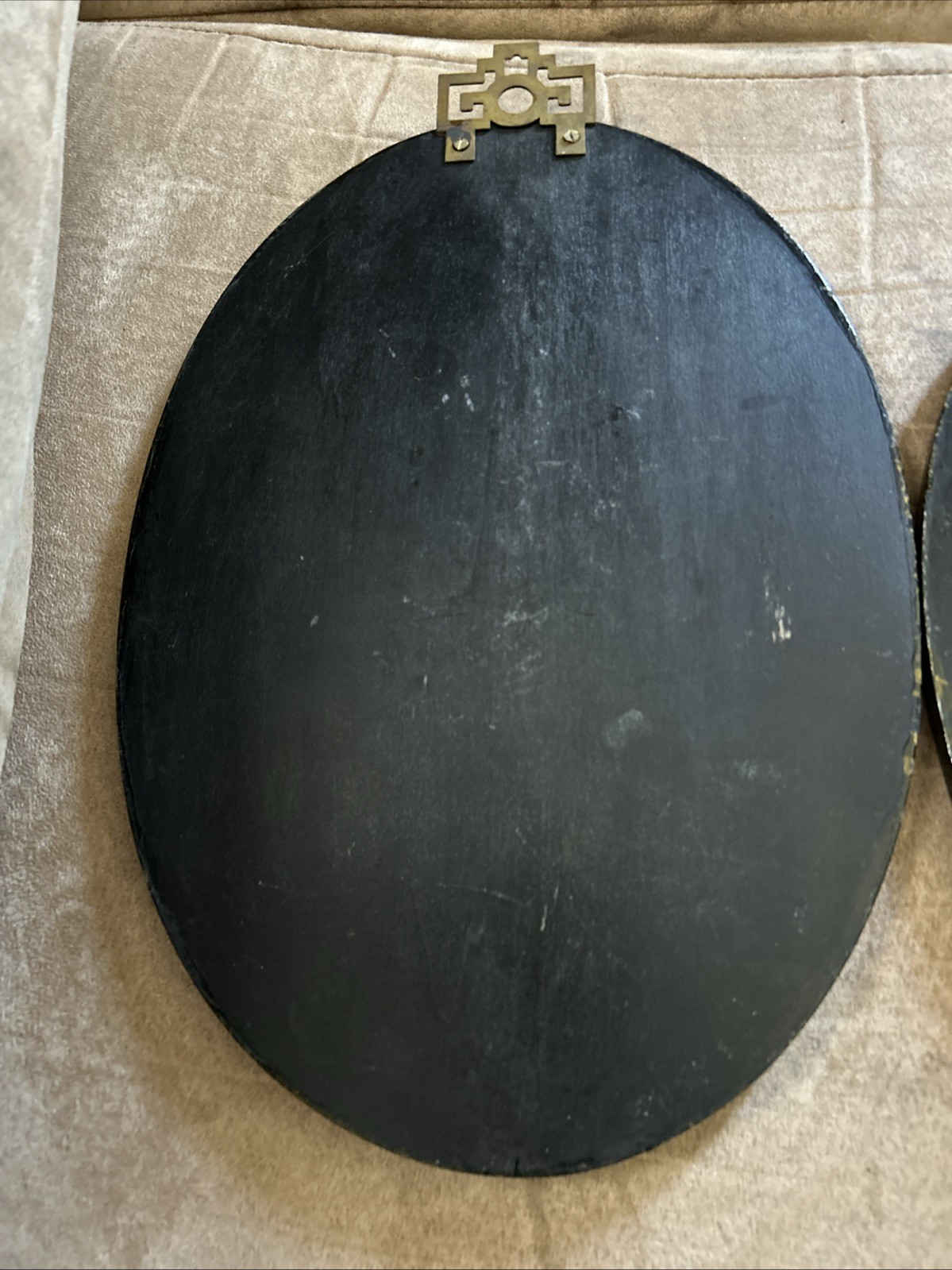 Vtg pair Asian Oval Wall Art Panel Black Lacquer Jade/Soapstone Oriental