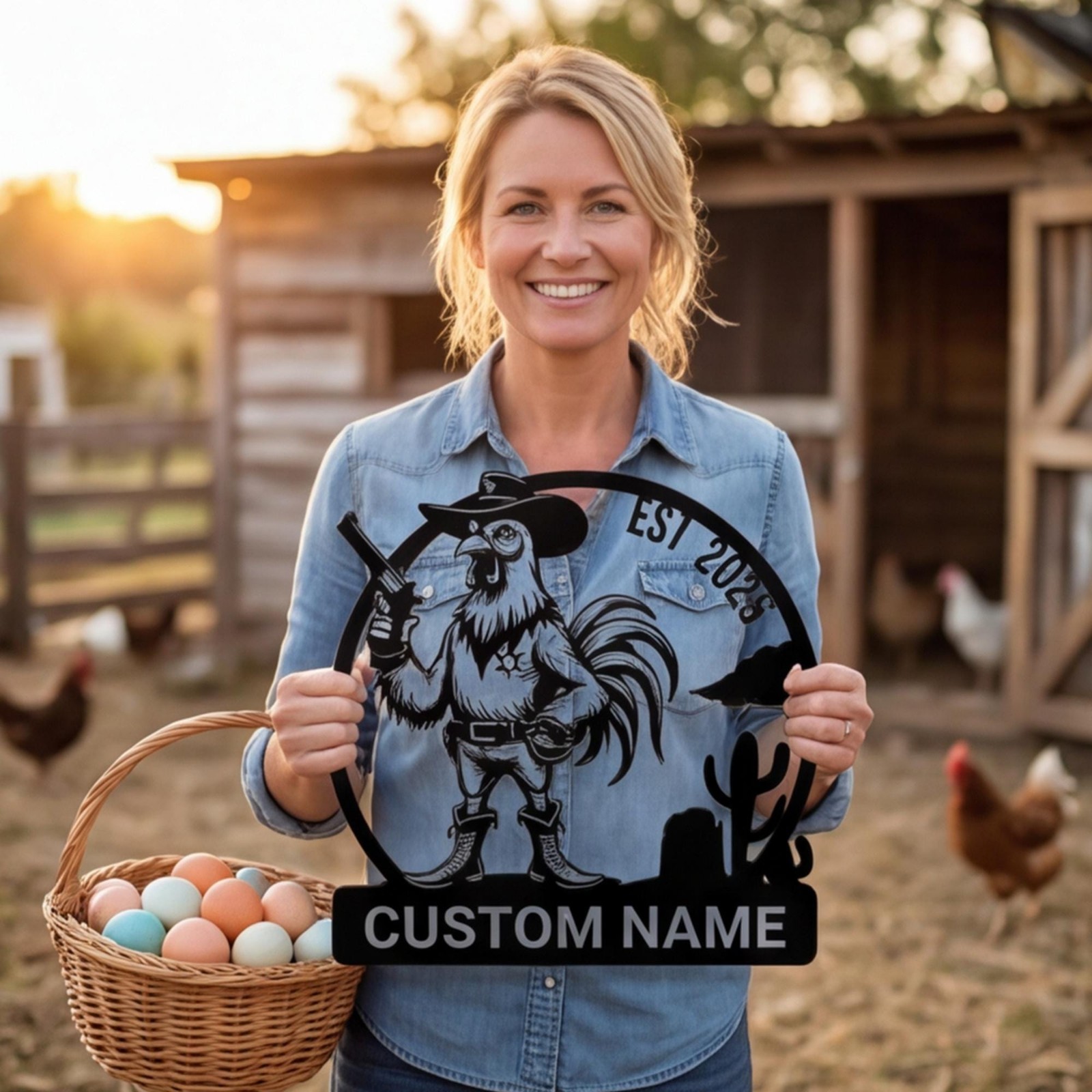 Personalized Farm Entrance Sign, Cowboy Rooster Metal Art, Dated Ranch Plaque