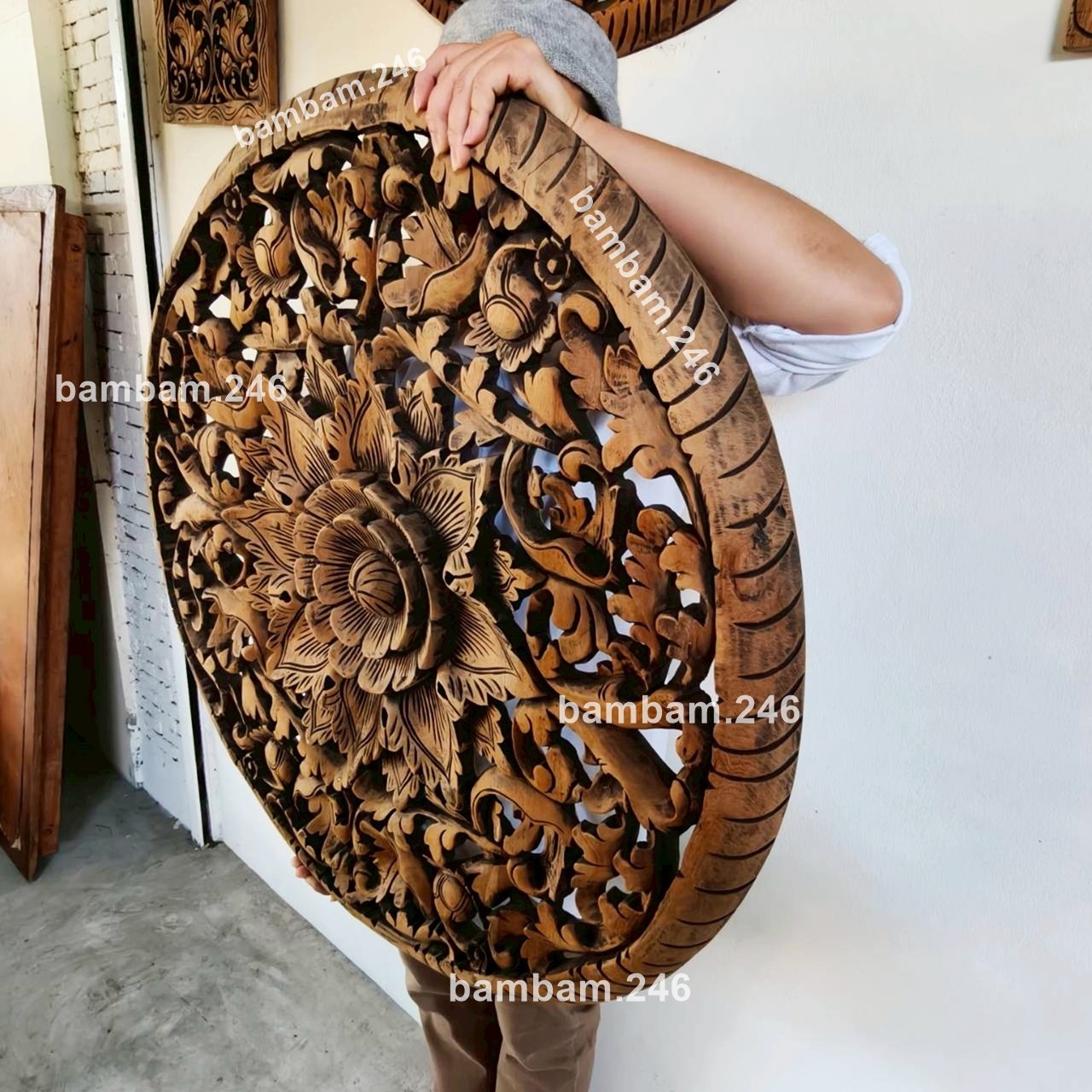 Large Vintage Round Wall Hanging Hand Carved Teak Wood Wall Art Floral Flower Pa