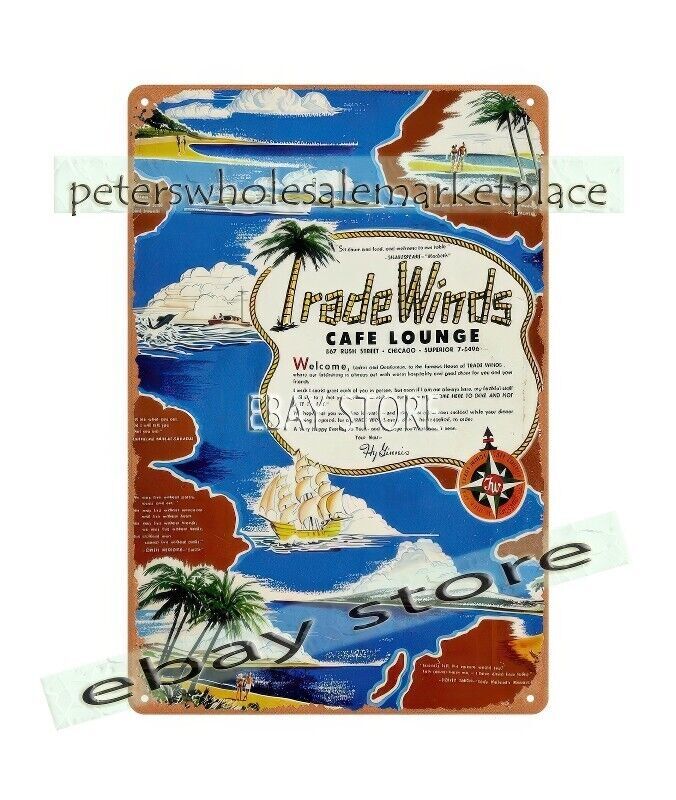 1960’s Trade Winds Cafe Lounge Chicago Illinois metal tin sign great wall decor