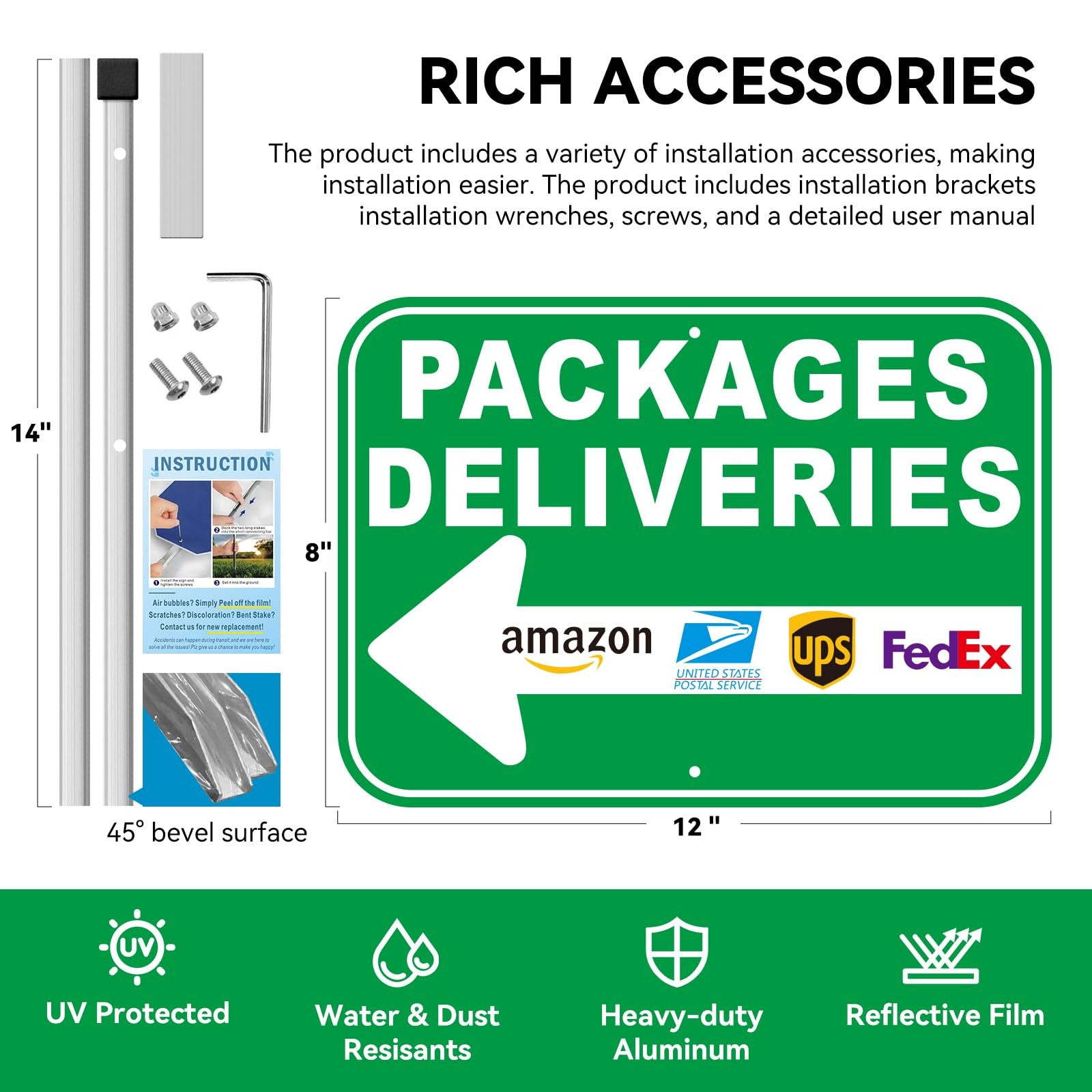 Package Delivery Sign, 12″x8″ Reflective 12″L x 8″W, Green-Left -1-Pack