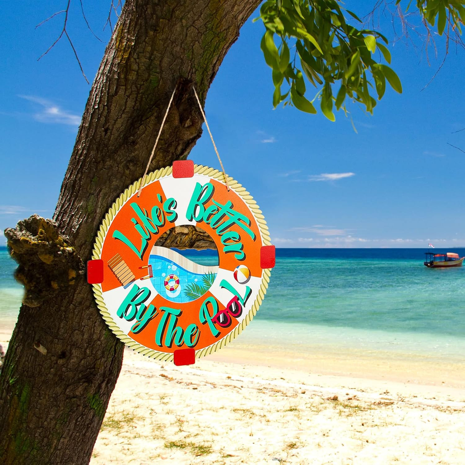 Life is Better by The Pool Sign Summer Wooden Lifesaver Rings Outdoor Pool Decor