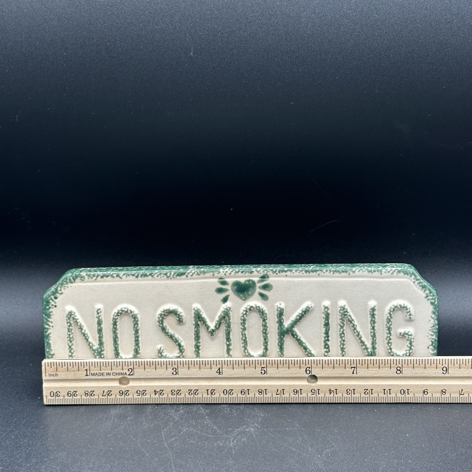 Vintage 1997 Loomco NO SMOKING Sign Glazed Ceramic White Green Spongeware