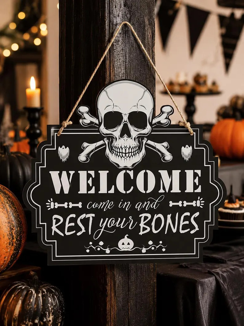 Gothic Skull Halloween Welcome Wooden Sign with Rope