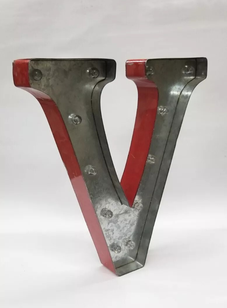 Marquee Sign Vintage Letter V With Soft Glow Bulbs, AA Battery, Red/Silver Metal