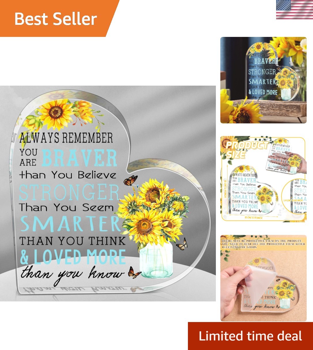 5.9-Inch Sunflower Heart Decorative Sign – Uplifting Gift for Women & Friends