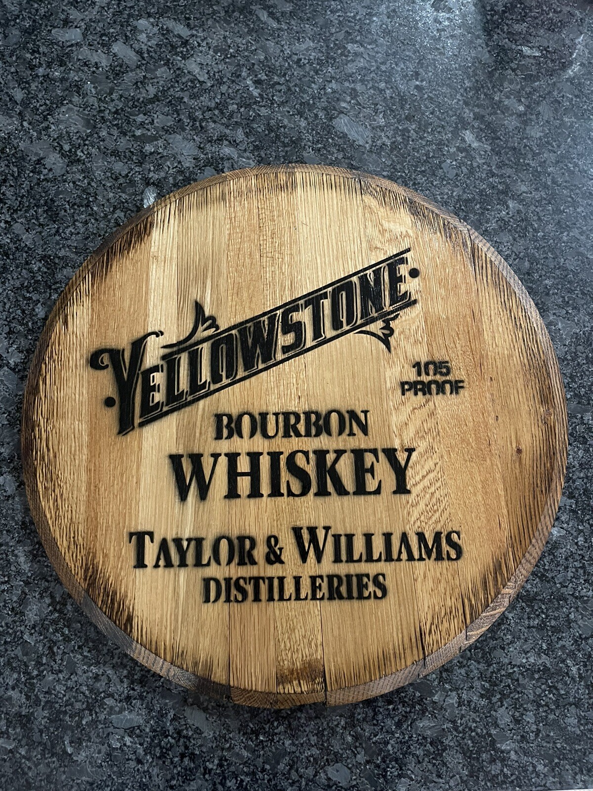 Bar Decor (Yellow Stone Bourbon Whiskey ) Reclaimed Bourbon Barrel Head 21”