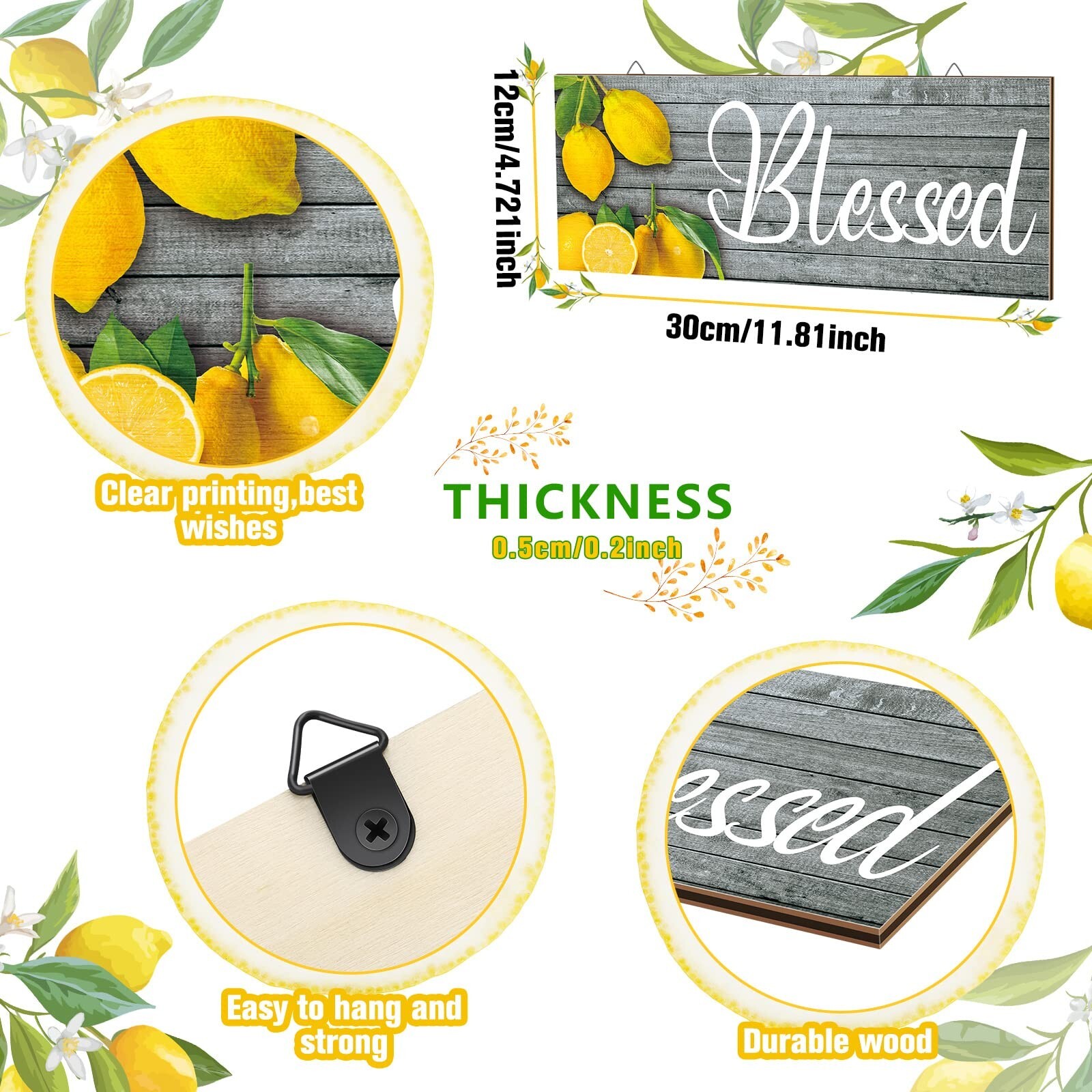 Amyhill 3 Pieces Lemon Wall Decor Grateful Thankful Blessed Wall Art Signs Le…