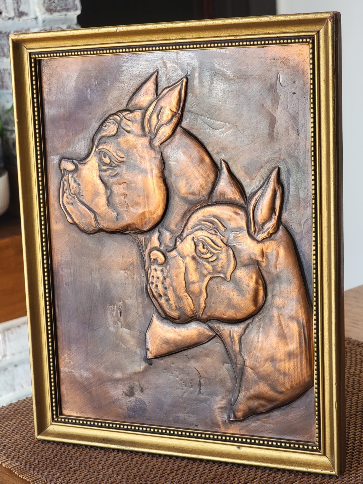 VTG Embossed COPPER Relief BOXER Dog Pair PORTRAIT Framed WALL FOLK ART 10×12