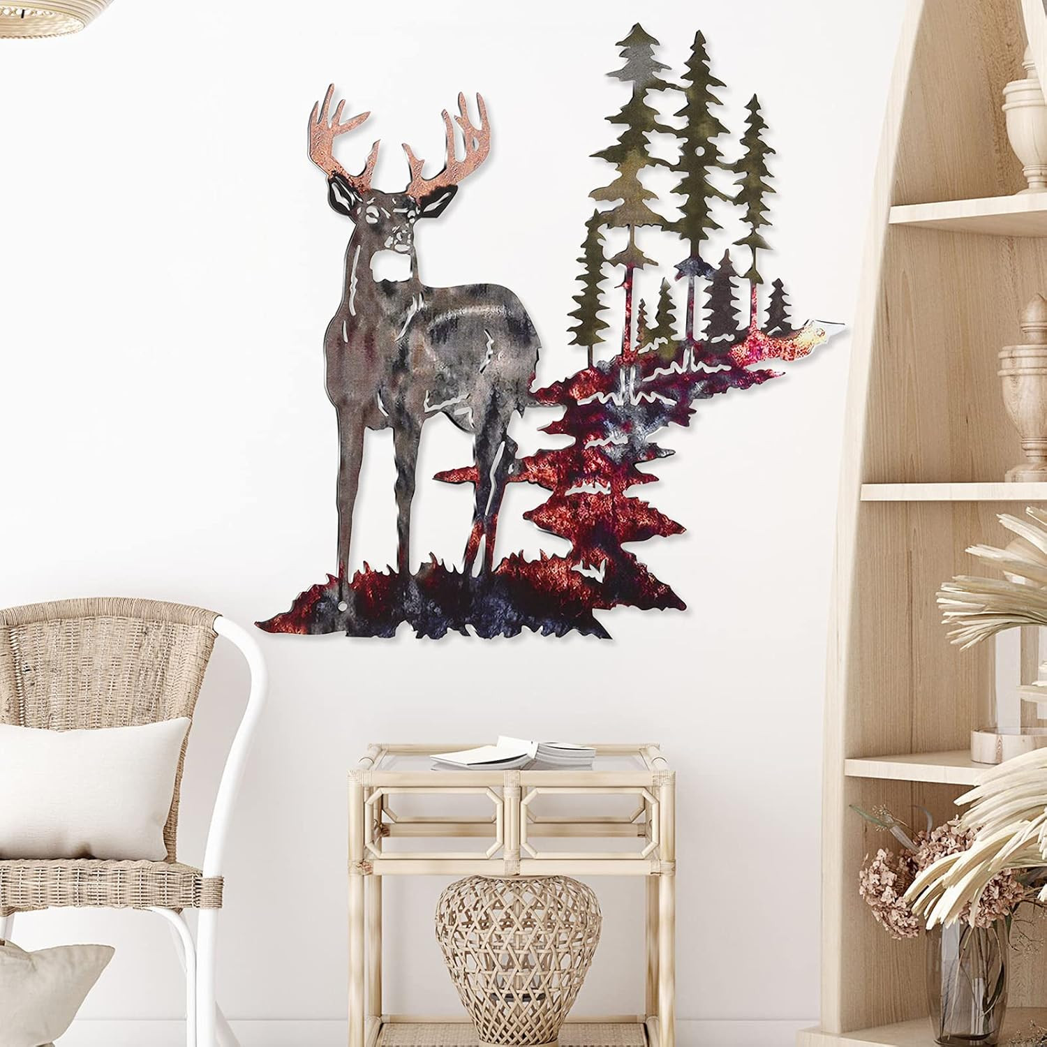 Forest Tree Deer Wall Art Metal Rustic Hunting Decor for Living Room Bedroom