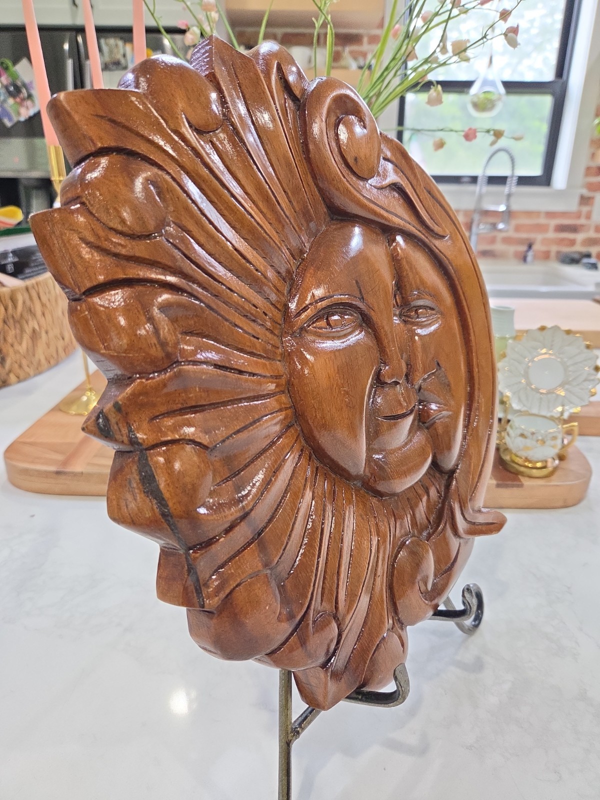 Hand Carved Celestial Kissing Sun and Moon Solid Wood Wall Plaque Lovers Forever