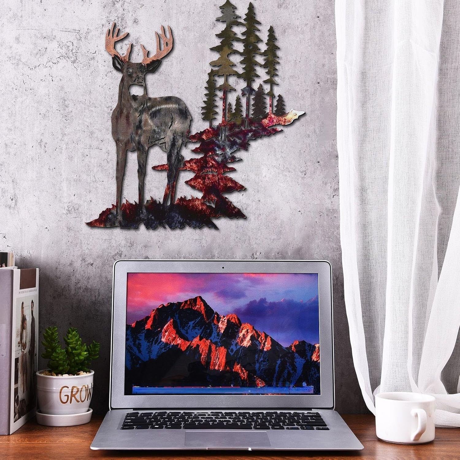 Forest Deer Wall Hanging Metal-Finish Rustic Hunting Decor 11.8 x 7.9 inches