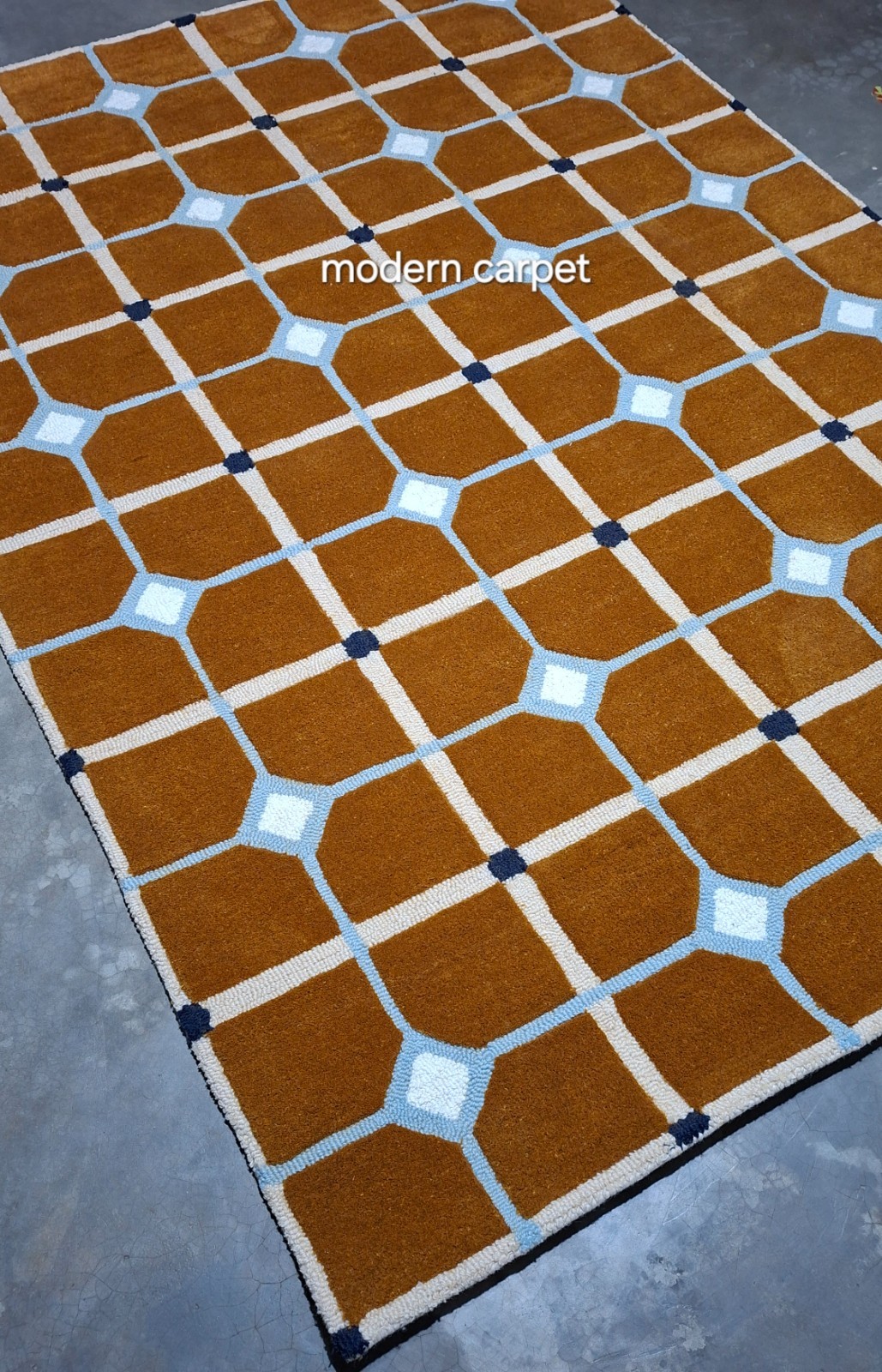 Mid Century Modern Geometric Area Rug Brown Blue Lattice Carpet Living Room 8×10