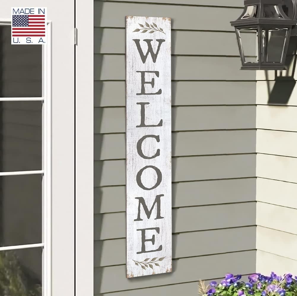 Weatherproof White Porch Leaner with Sprig Design – 8″x46.5″ Indoors or Outdoors