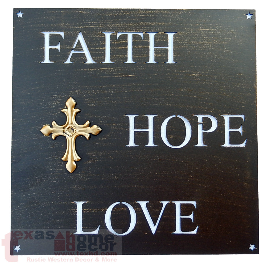 Faith Hope Love Cross Wall Decor Metal Sign Cut-Out Stars Brushed Copper 12″