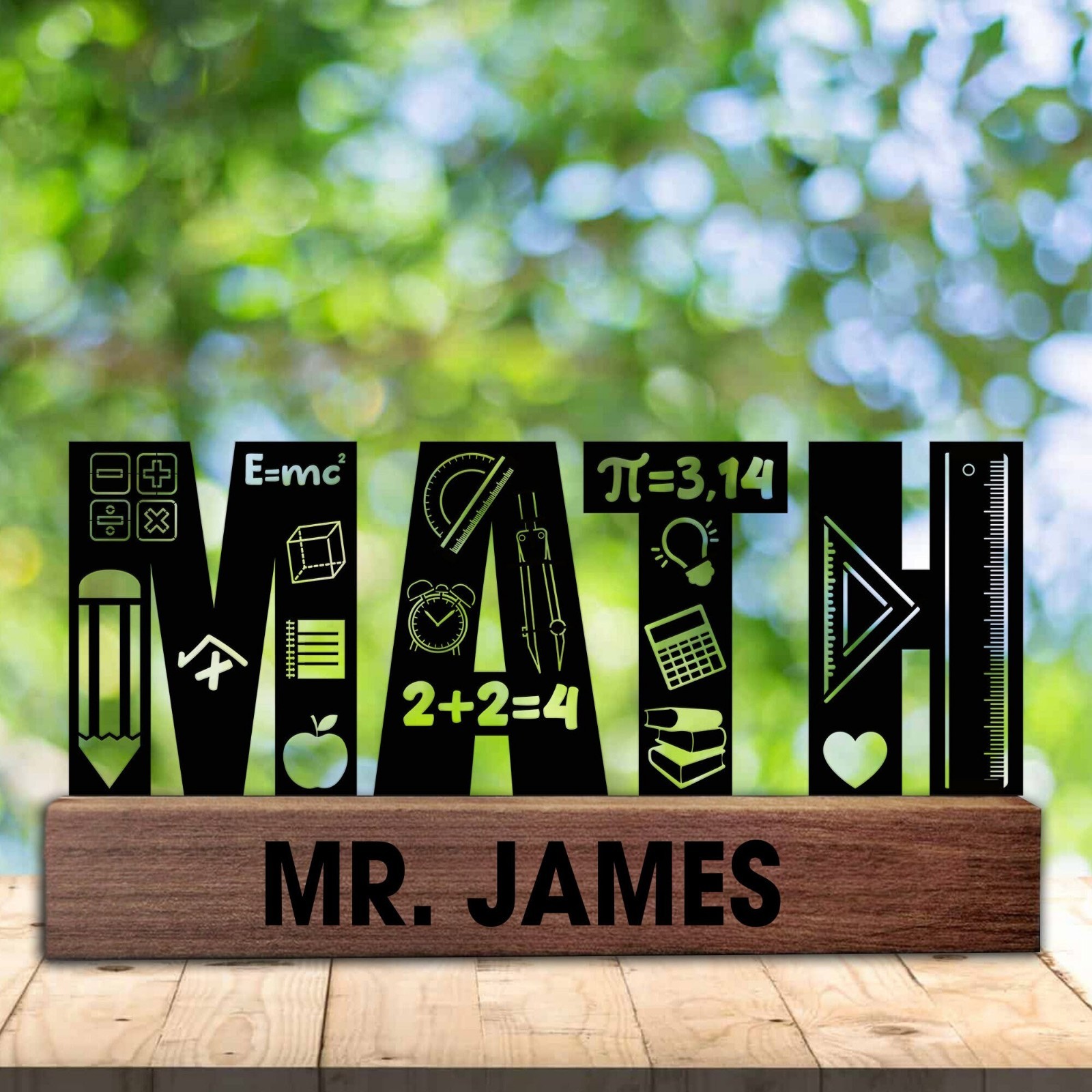 Personalized Math Teacher Metal Desk Plate Wooden Base Custom Name Gift Sign