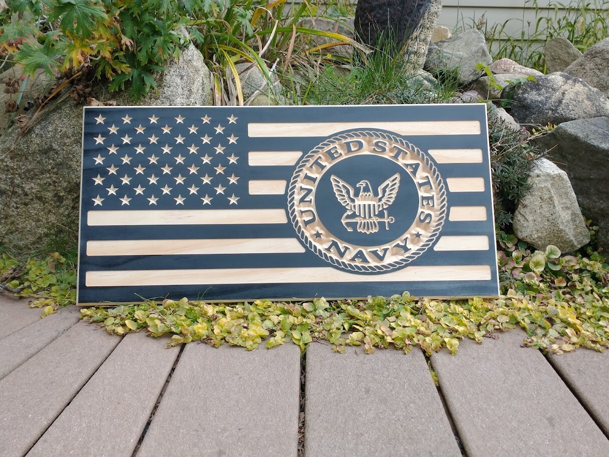 US Navy Engraved Wood American Flag