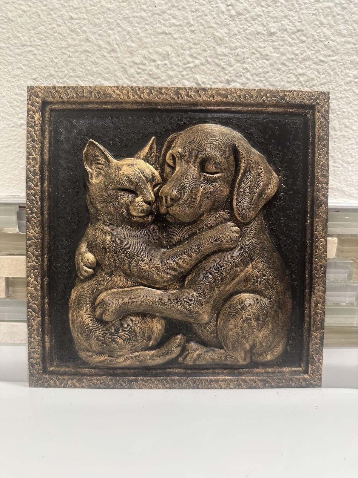 3D Portrait Cat And Dog Hug 8” X 8” Plaque Wall Art Sculpture Pet Lovers Decor