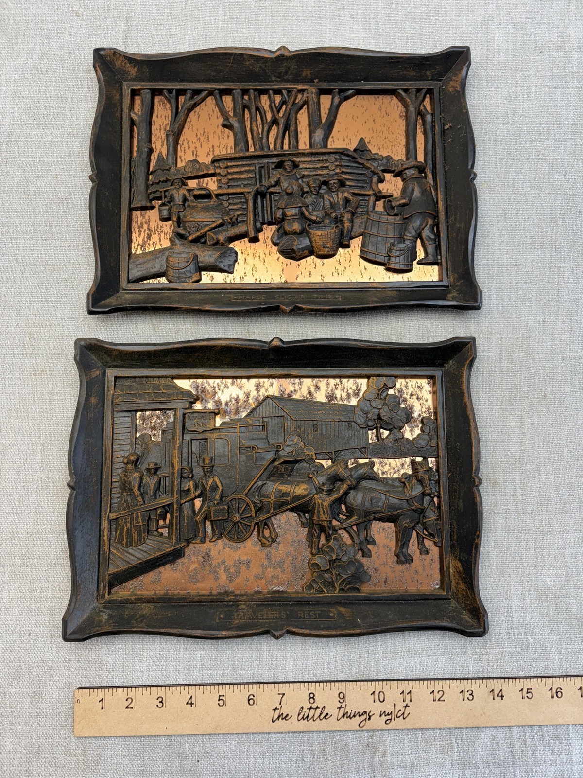 Vintage Coppercraft Guild Brown Wall Plaques 2 Maple Sugar Time Traveler’s Rest