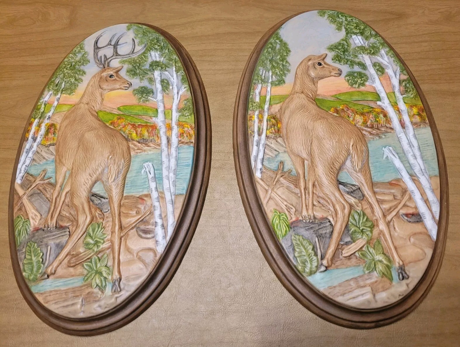 2 VINTAGE 16″ X 9 1/2″ HOLLAND MOLD BUCK & DOE CERAMIC PLASTER OVAL WALL PLAQUES