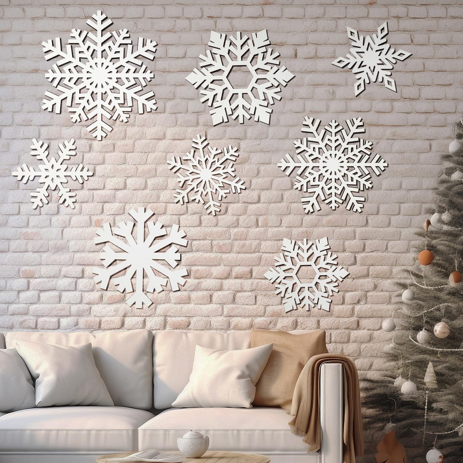 8 Pcs Wooden Snowflake Wall Decor, 3 Sizes Large White Wood Hollow Snowflakes…