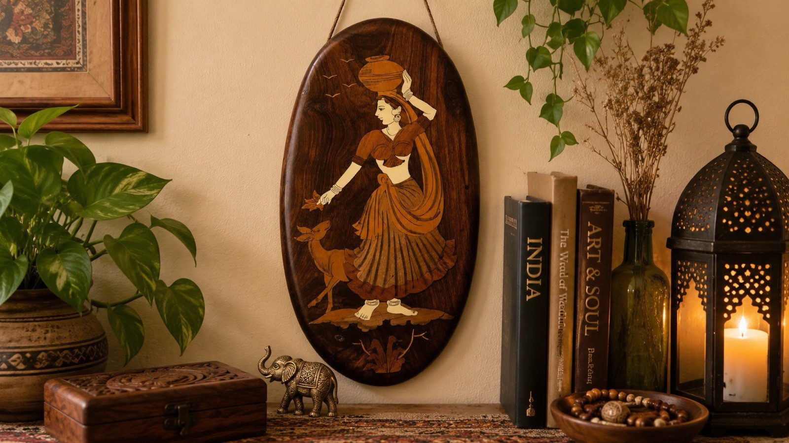 Vintage Indian Handcrafted Wood Inlay Wall Plaque Woman Deer 16” X 7” Boho Decor