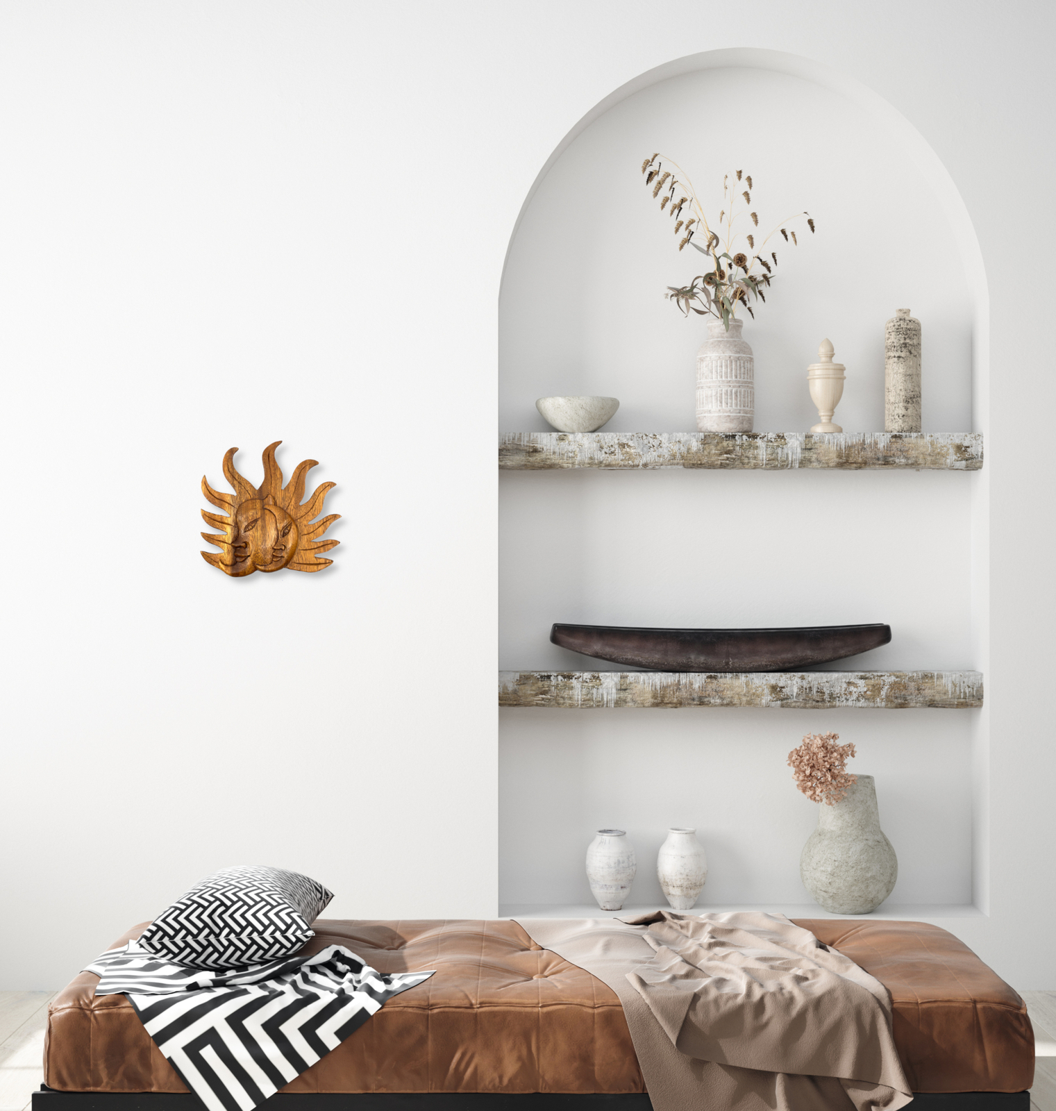 Moon Sun Wall Art Wood Wall Sculpture – Hanging Balinese Carved Home Décor 7.5″