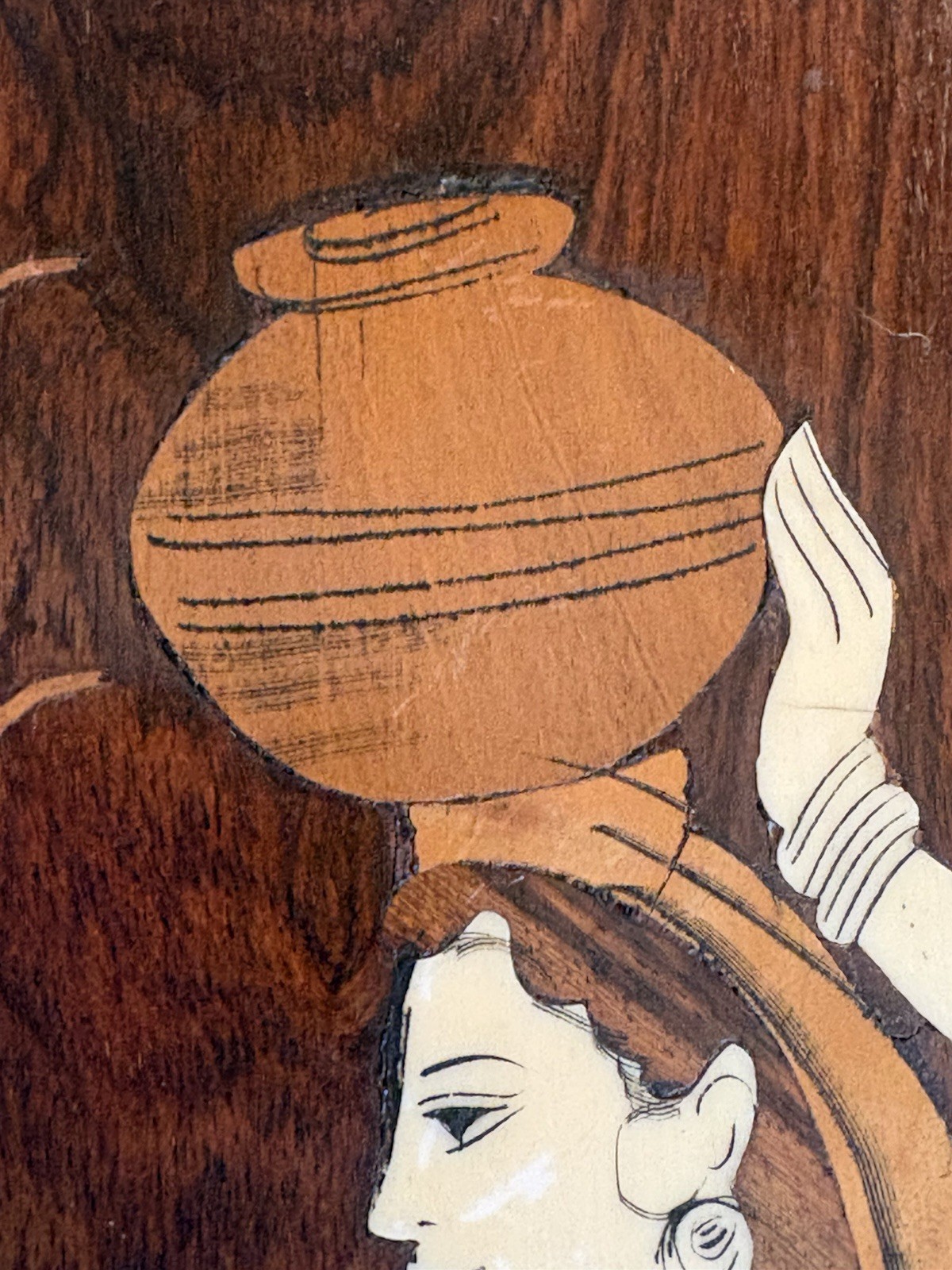 Vintage Indian Handcrafted Wood Inlay Wall Plaque Woman Deer 16” X 7” Boho Decor