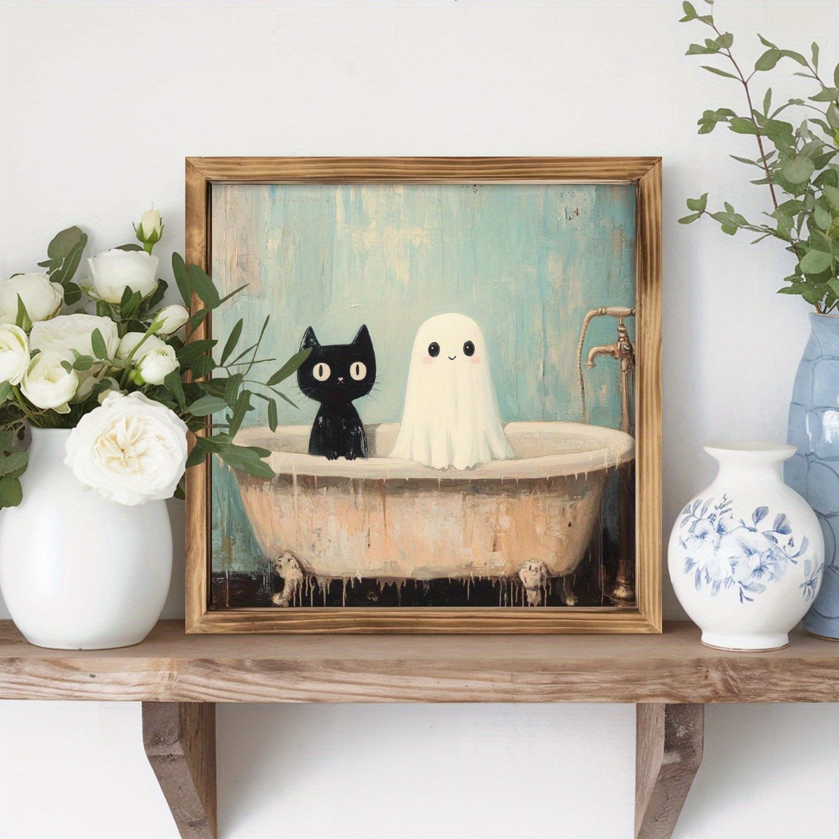 Halloween Black Cat Cute Ghost Bathtub Vintage Bathroom Wooden Wall Art Sign