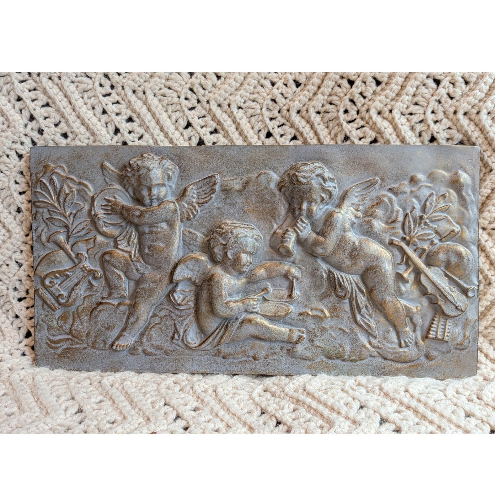 Vintage Cherub Wall Plaque Musical Angels Relief Gold Silver Tone 14.5×7.5