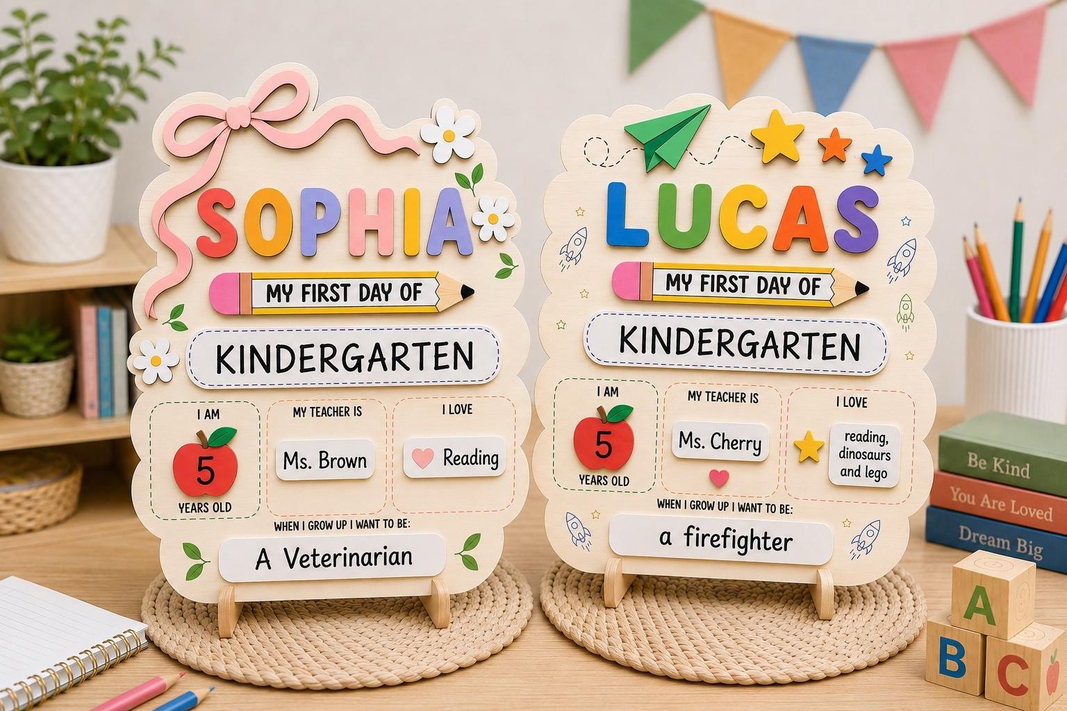 Custom First Day Kindergarten Sign, Personalized School Photo Board