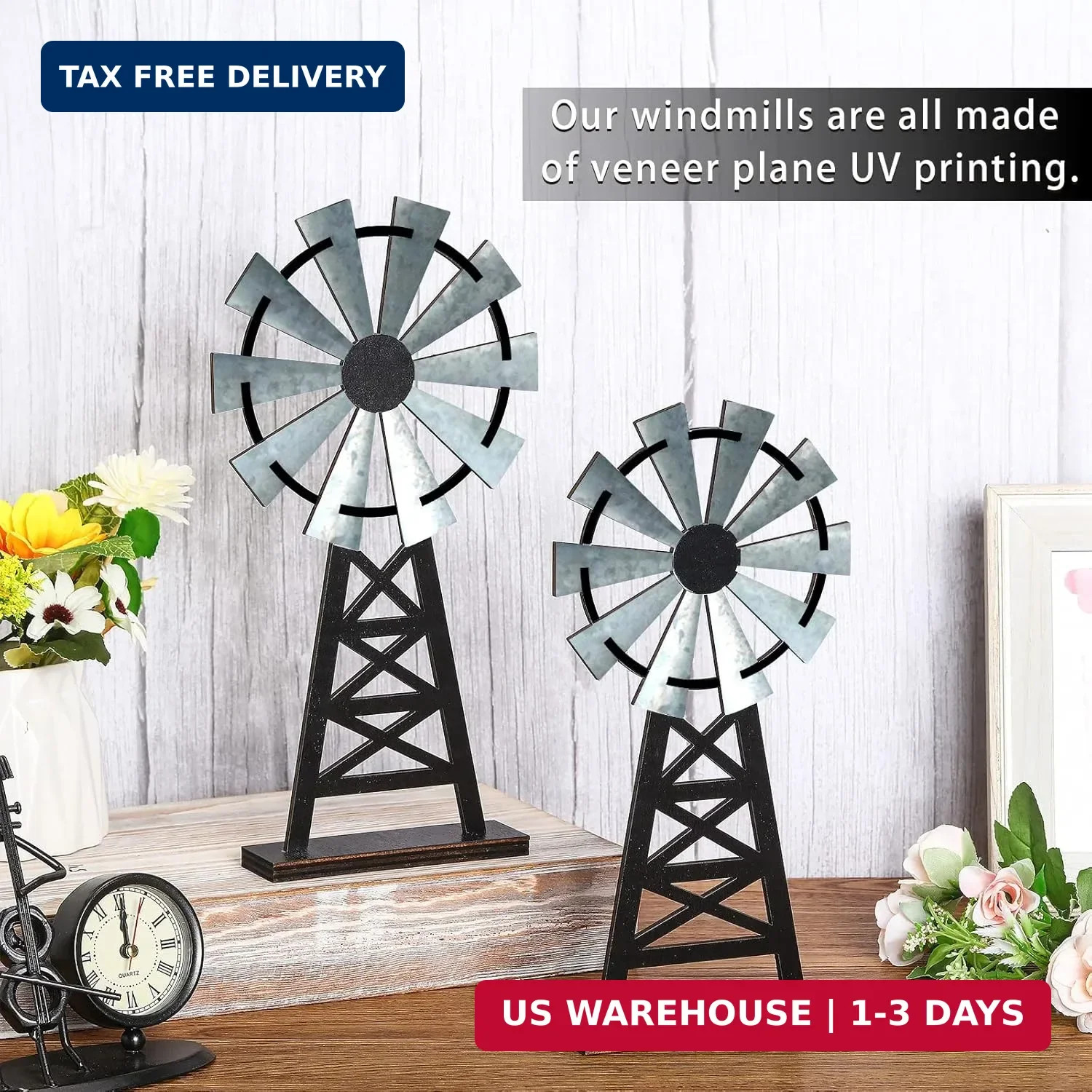 Set of 2 Wood Farmhouse Windmill Decor, Black Grey Rustic Table Top Decor | Dist