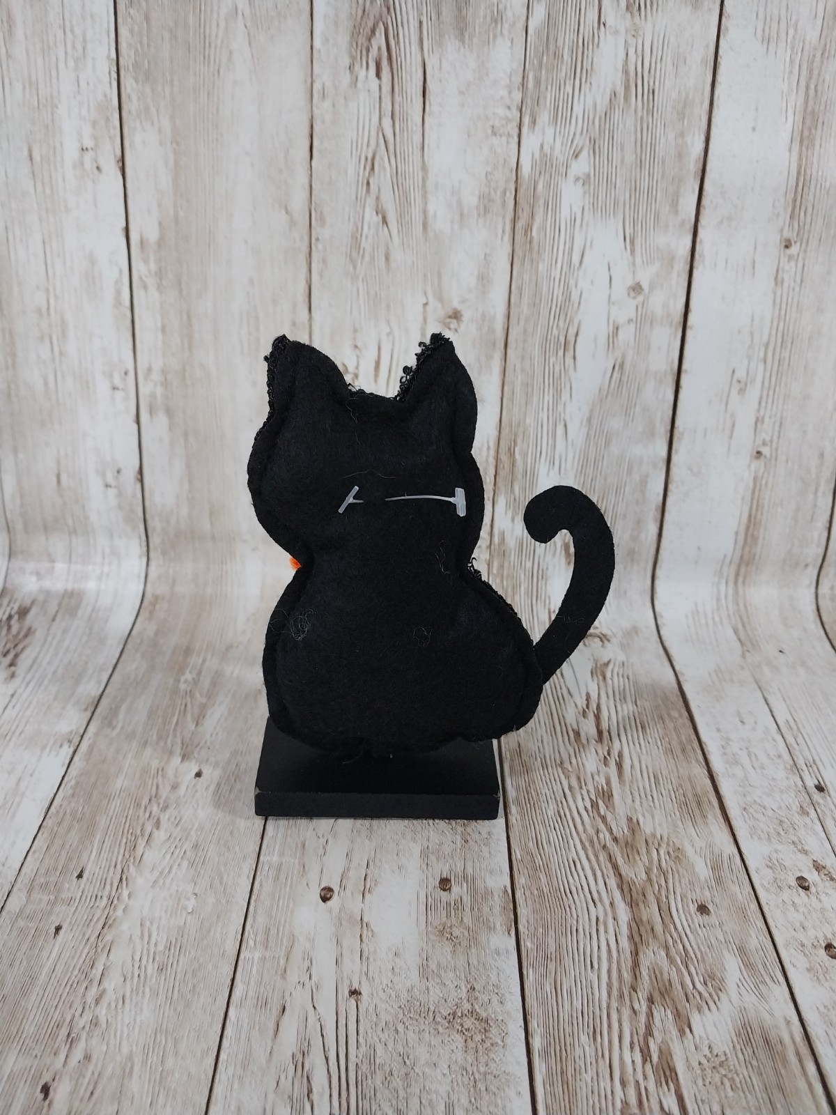 ~New! Plush Black Cat Halloween Wood Base Sign Fall Tray Table Decor Green Eyes
