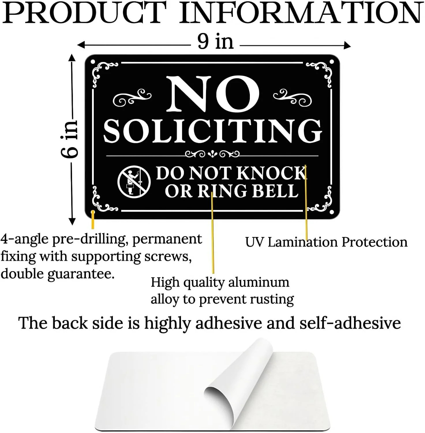 2 Pack No Soliciting Sign for Front Door,9 X 6 Inches Self-Adhesive No Solicitin