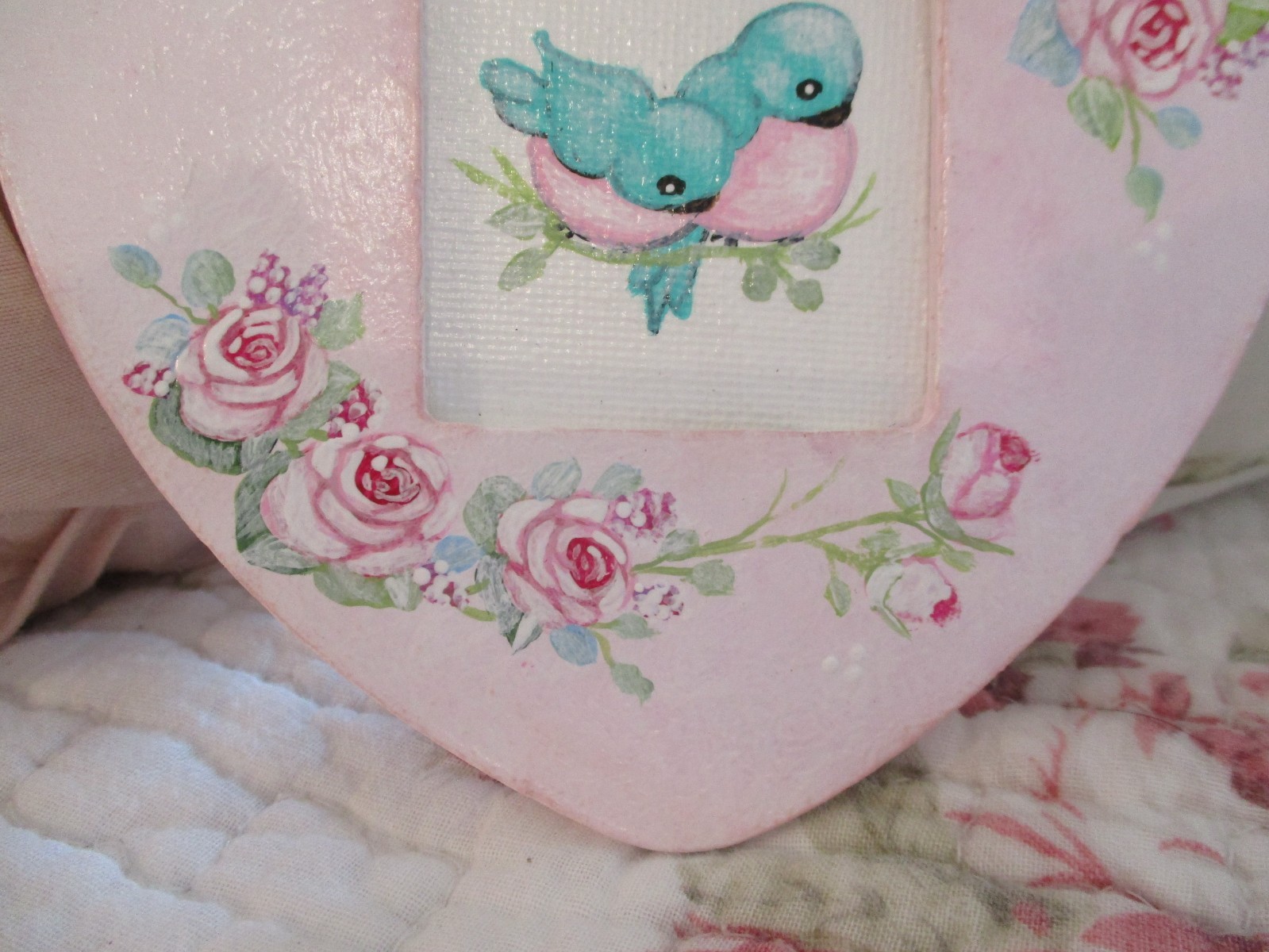 Set of Two – Hand Painted Petite Wood Heart Plaques with Birdies and Roses