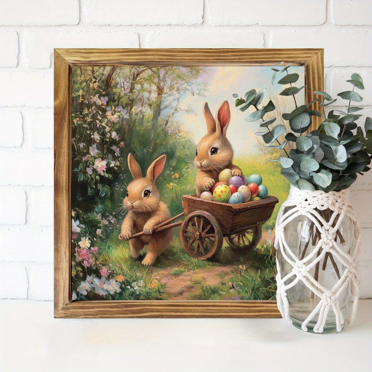 Easter Bunnies with Egg Wheelbarrow Wooden Plaque Rustic Spring Holiday Decor