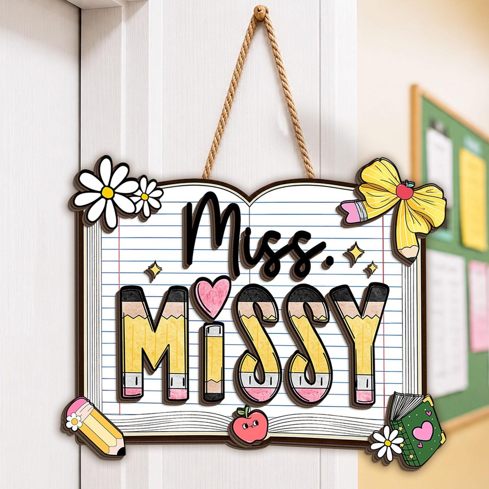 Personalized Book Teacher Door Sign, Custom Teacher Name Door hanger, Back to S