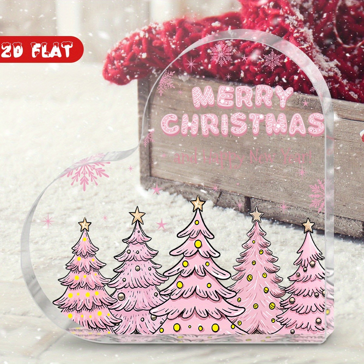 Pink Christmas Tree Heart Shape Acrylic Plaque Merry Christmas Farmhouse Decor