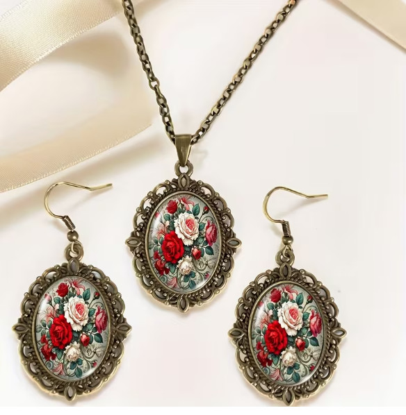 NECKLACE-3pcs Rose Multicolor Bouquet Necklace with Glass Pendant and Earrings