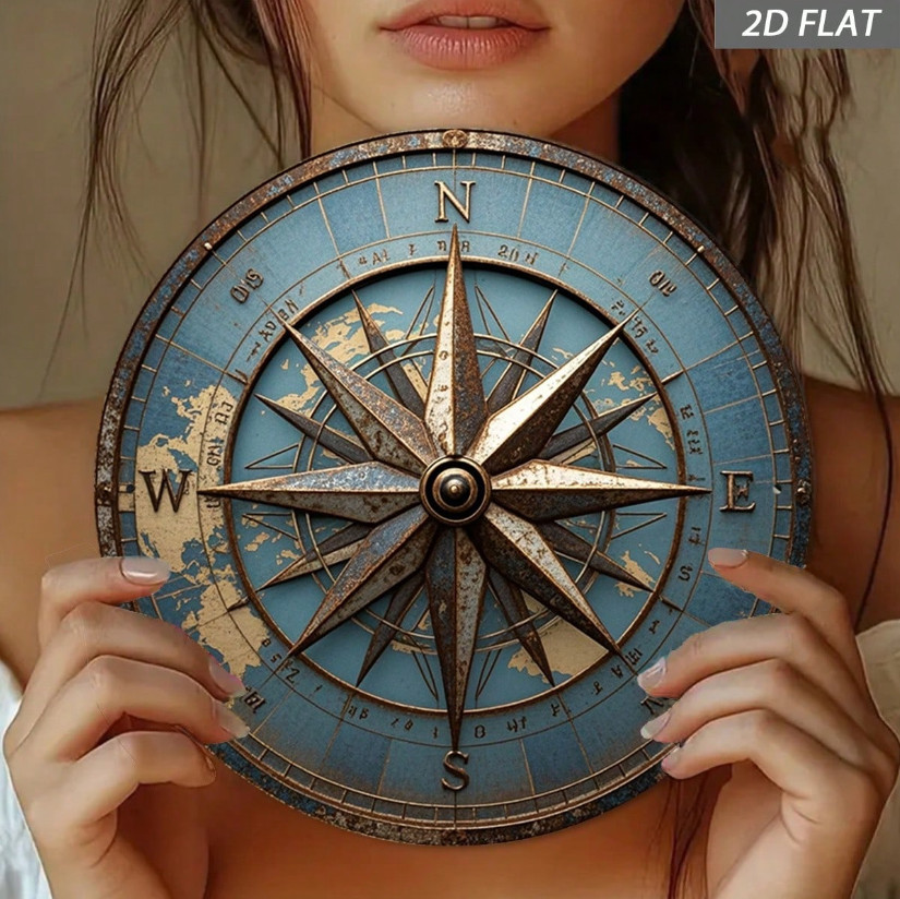 Vintage Compass Metal Sign Nautical Wall Decor 8″ Round Aluminum Plaque