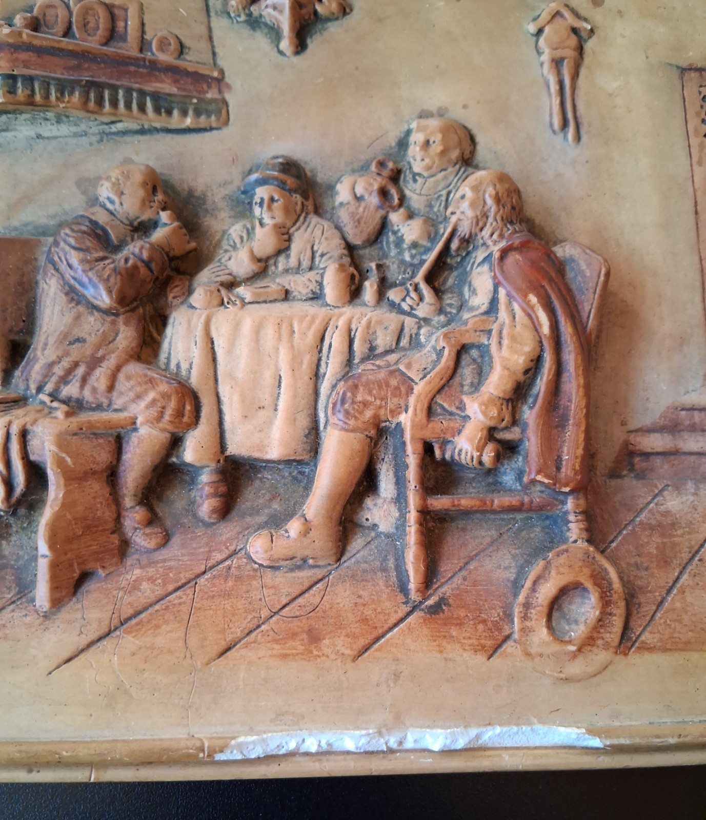 Vintage 3D Plaster Wall Plaque Happy Days Tavern Pub Scene Relief Rustic Bar
