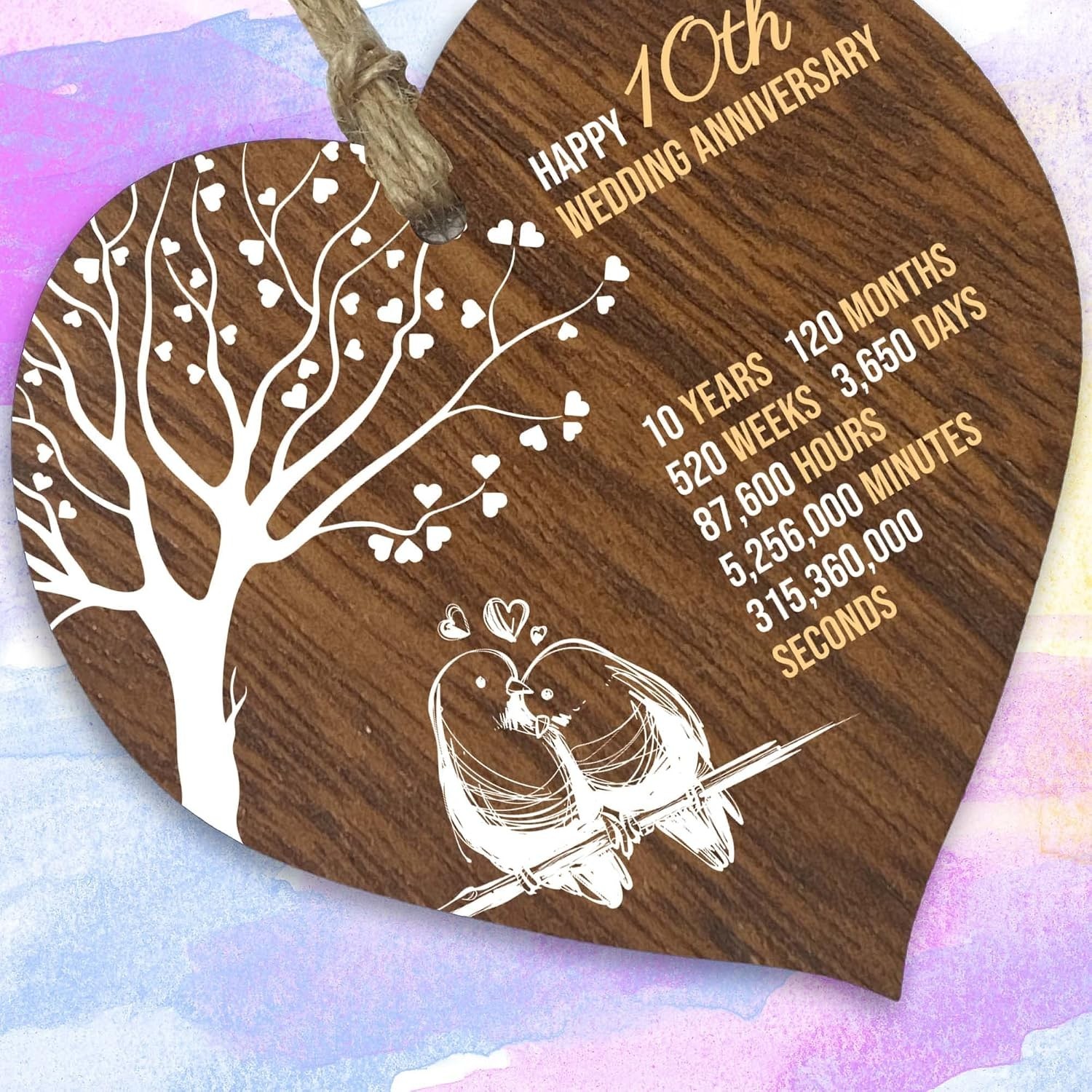 10th Wedding Anniversary Wooden Heart Plaque, Dark Wood Sign Keepsake, Celebr…