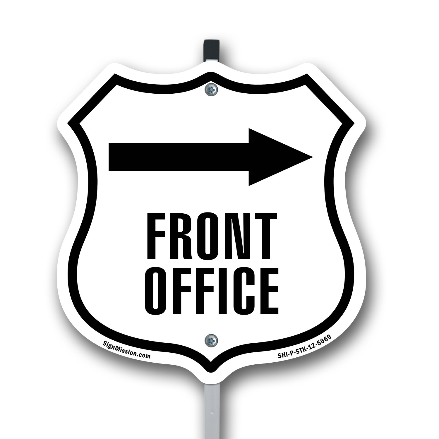 Front Office Right Shield Shaped Sign With Stake Crafted in the USA