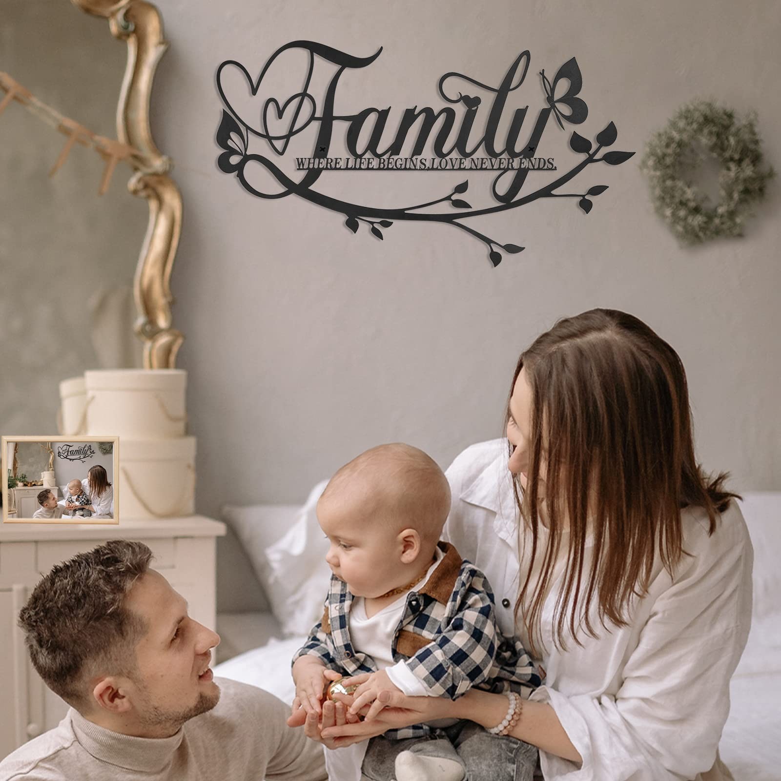 Family Where Life Begins Love Never Ends Word Sign Metal Wall Decor, Black Ho…