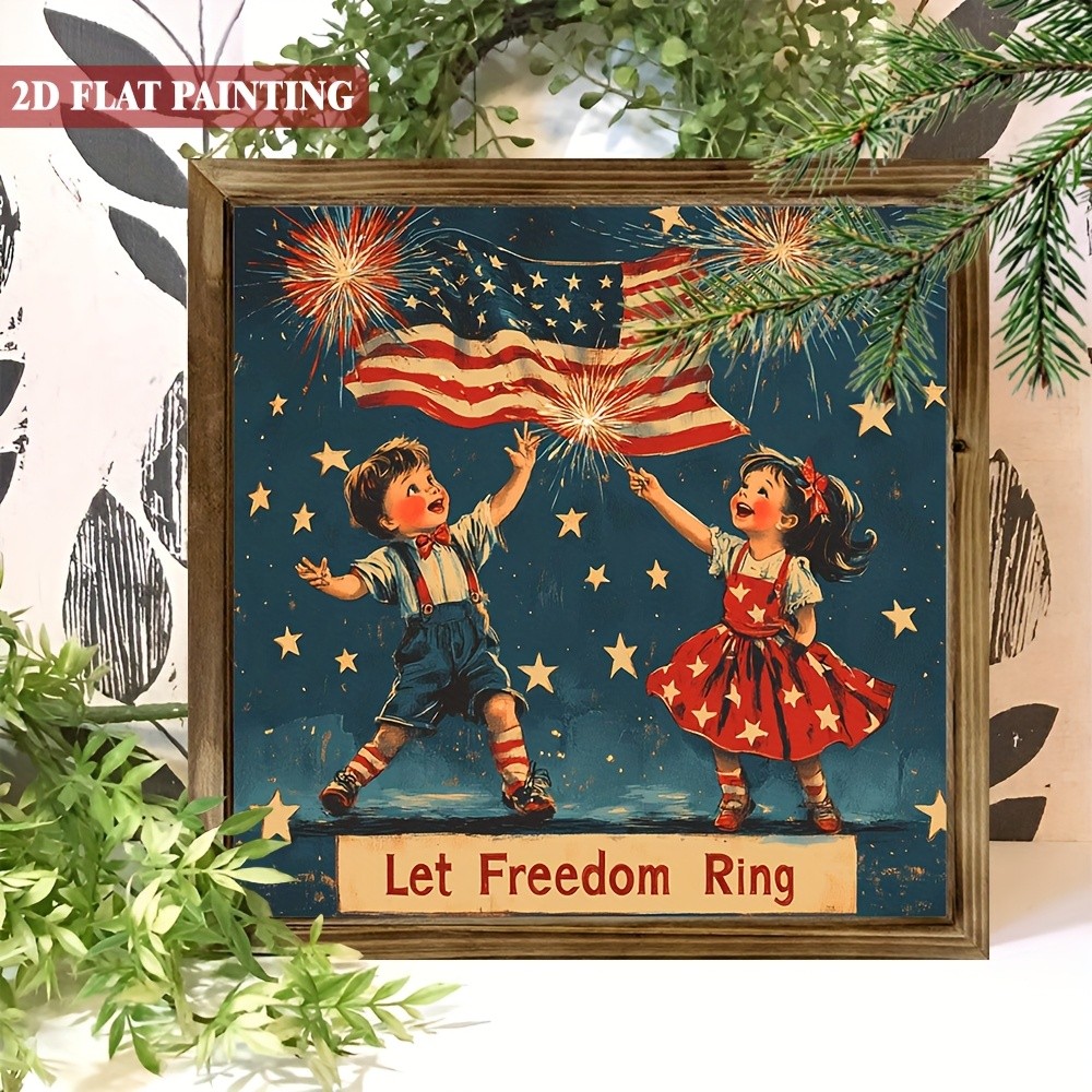 4th of July Wooden Plaque Let Freedom Ring Retro Patriotic Kids Wall Art Decor